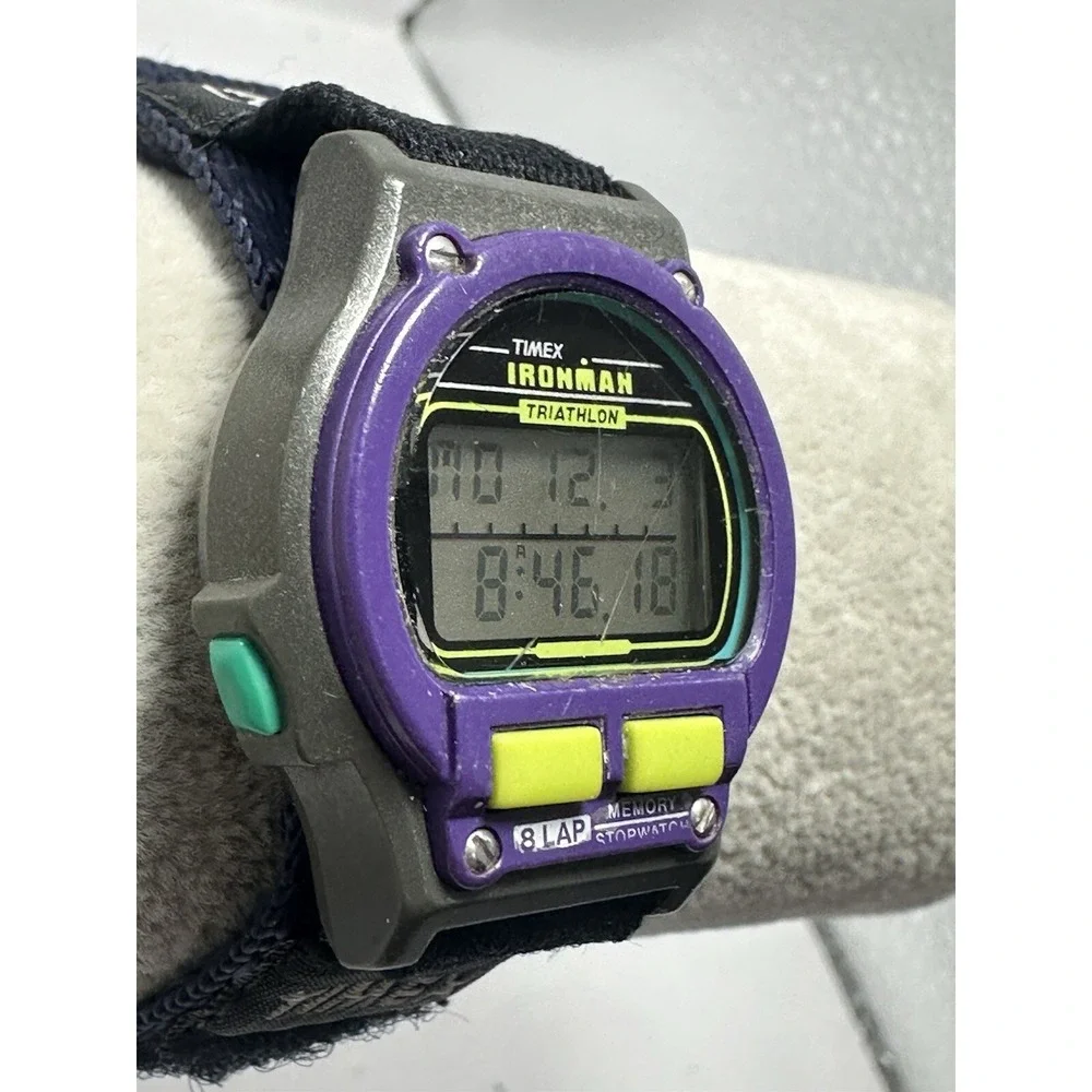 Timex 760 D7 Ladies Watch 1996 90's New Battery 8 Lap Purple Bezel 32MM 7.5